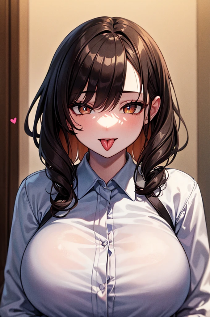 Heart-shaped pupils,(SFW), (masterpiece:1.2), Highest quality, masterpiece, High resolution, original, Highly detailed wallpaper, (Super detailed), (Best illustrations), (Best Shadow), (Kobeni), milk, Firm breasts, (White collared shirt), One girl, View your viewers, (Brown eyes), (peace sign),tongue out, tongue, Heart-shaped pupils