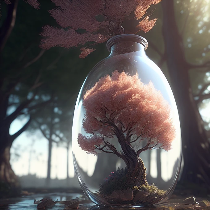 dreamlikeart tree in a bottle, fluffy, realistic, photo, canon, dreamlike, art, colorfull leaves and branches with flowers on top of its head. hyperdetailed photorealism by greg rutkowski - h 1024 w 804 | f 1 6 lens mark 2:2 s 3555 mm film grain :1 lifelike high res sharp focus contrast!! intricate detailed atmospheric light refraction lighting unreal engine 5 cinematic concept photography masterpiece octane render trending at cgsociety rendered as
