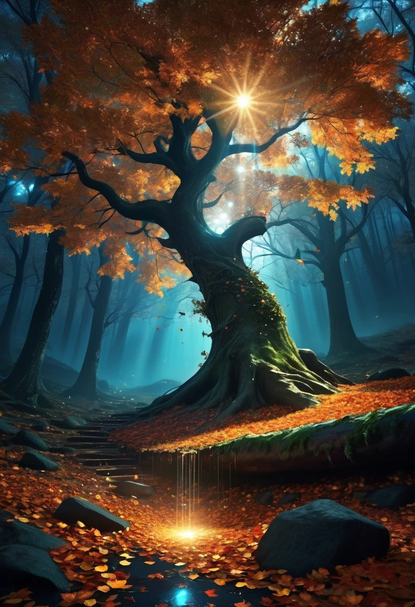 Highest quality　Fantasy　Shining Tree　Falling leaves　Night Forest　