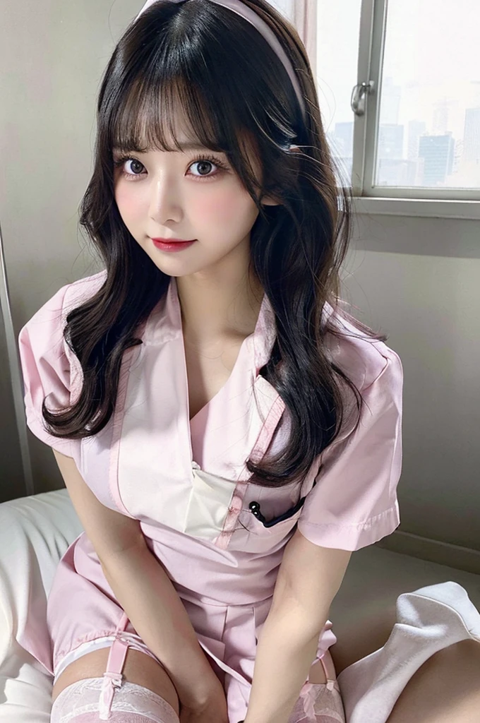 Browsing Caution、Big  、(((pink nurse uniform))、whole body、double eyelid、valley、Hospital room、White garter belt、On the bed、Kneeling、Highest quality, Very detailed, Fine details, High resolution, 8K, Perfect dynamic composition, Beautiful details, Beautiful 20 year old woman、The only person,Black Hair、Glamorous Body、Cute face、