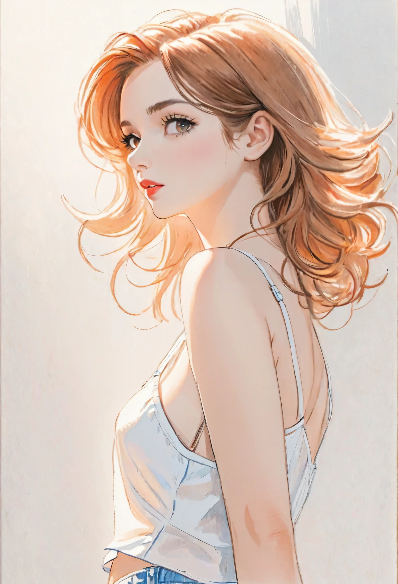 female,short camisole,white,Art,ad,colour pencil drawing,draft drawing