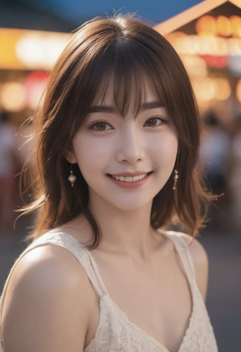 (Highest quality,8K quality,masterpiece:1.3),(Ultra-high resolution,Realistic:1.4,Live Shooting),(Very detailed,Caustics),(Ultra-Realistic Capture,(((amusement park)),beautifully detailed skin),19 years old,Beautiful Japanese, Medium Hair, Asymmetrical bangs, Brown Hair, I'm looking at the camera with a smile on my face,Soft Light,A ray of light shining from above,Natural light，((Date Clothes))，(((1 female))),