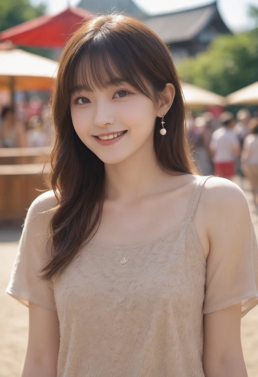 (Highest quality,8K quality,masterpiece:1.3),(Ultra-high resolution,Realistic:1.4,Live Shooting),(Very detailed,Caustics),(Ultra-Realistic Capture,(((amusement park)),beautifully detailed skin),19 years old,Beautiful Japanese, Medium Hair, Asymmetrical bangs, Brown Hair, I'm looking at the camera with a smile on my face,Soft Light,A ray of light shining from above,Natural light，((Date Clothes))，(((1 female))),