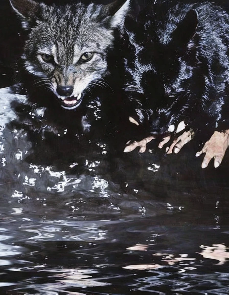 black cats kissing in black water