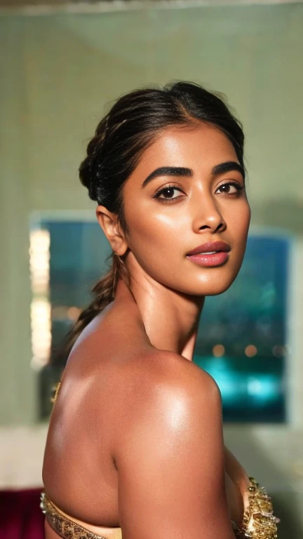 extreme close up photo of semi ????? Pooja hegde,slim, bikini, bedroom, (cinematic:1.3), intricate details, (ArtStation:1.2), cold room, lean eyebrow, french braid hair,pooja hegde