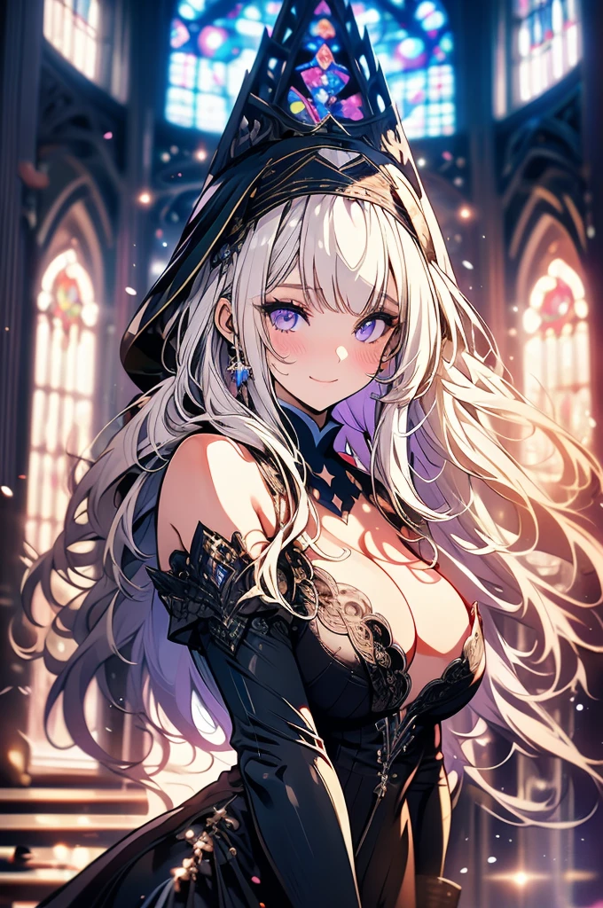an extremely beautiful 22 year old woman, , 160cm, long platinum blonde hair, bangs, violet eyes, a voluptuous figure, large breasts (nun outfit, sensual outfit) In a medieval church, magic, innocent smile, face blushed,