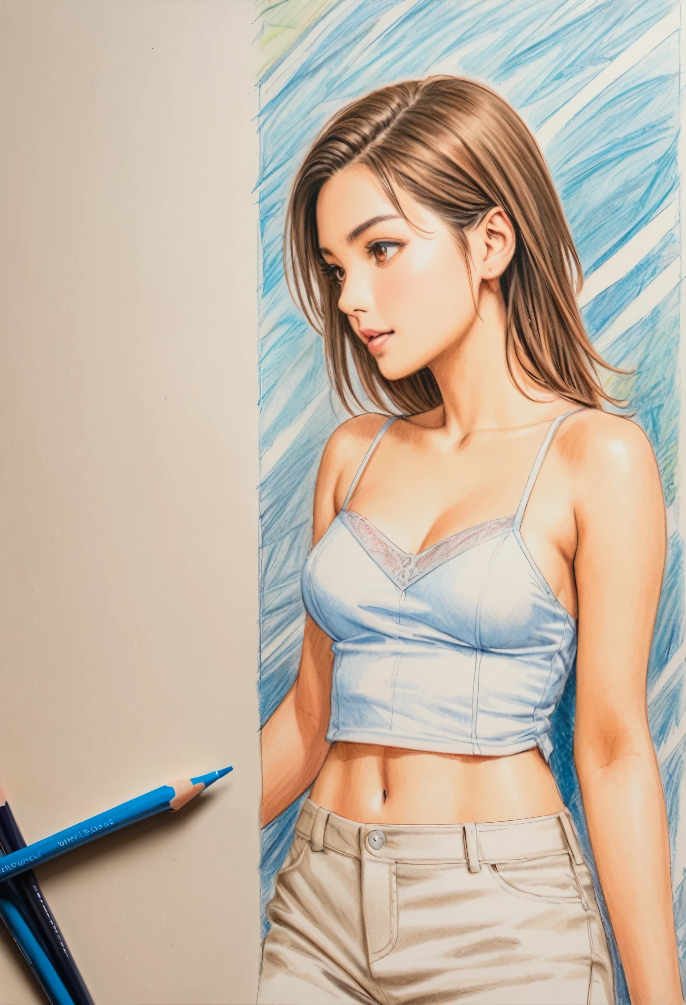  female，short camisole，white，Art，ad，colour pencil drawing，draft drawing 