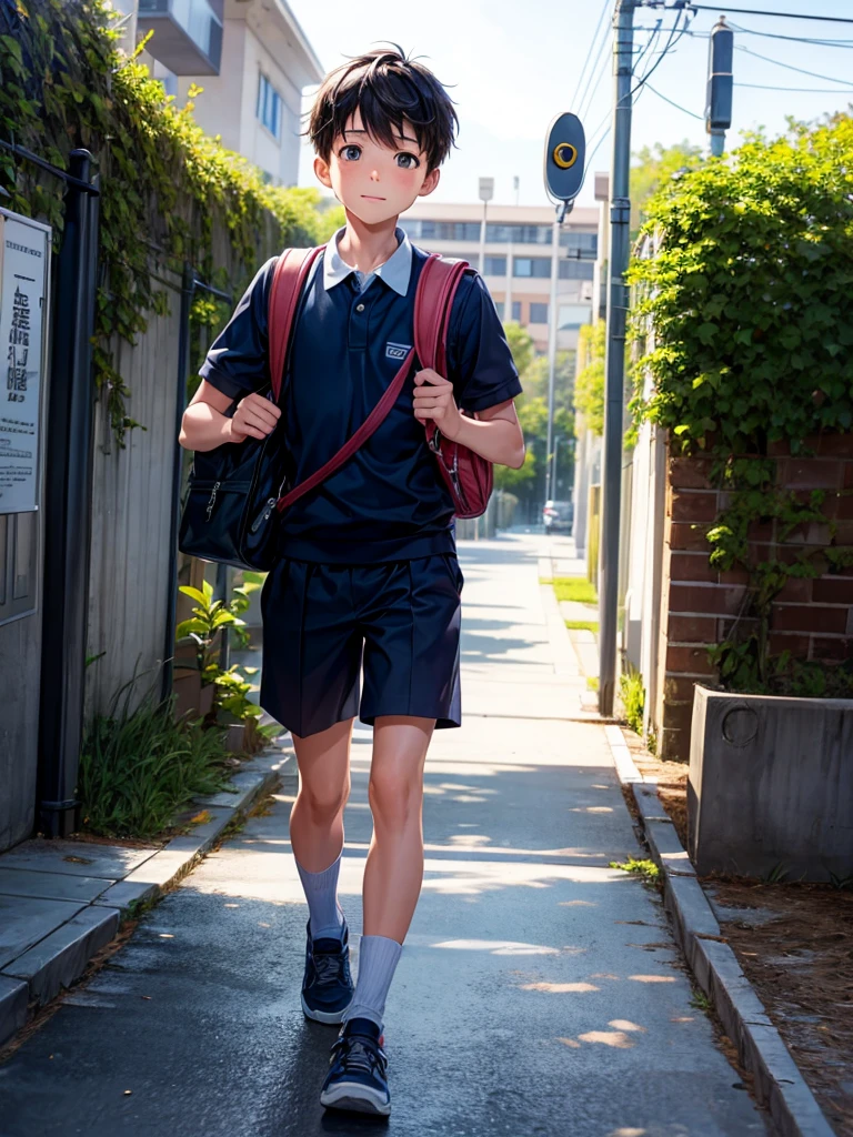 Highest quality,Highest Resolution,A boy carrying a school bag entering the gates of an  school,