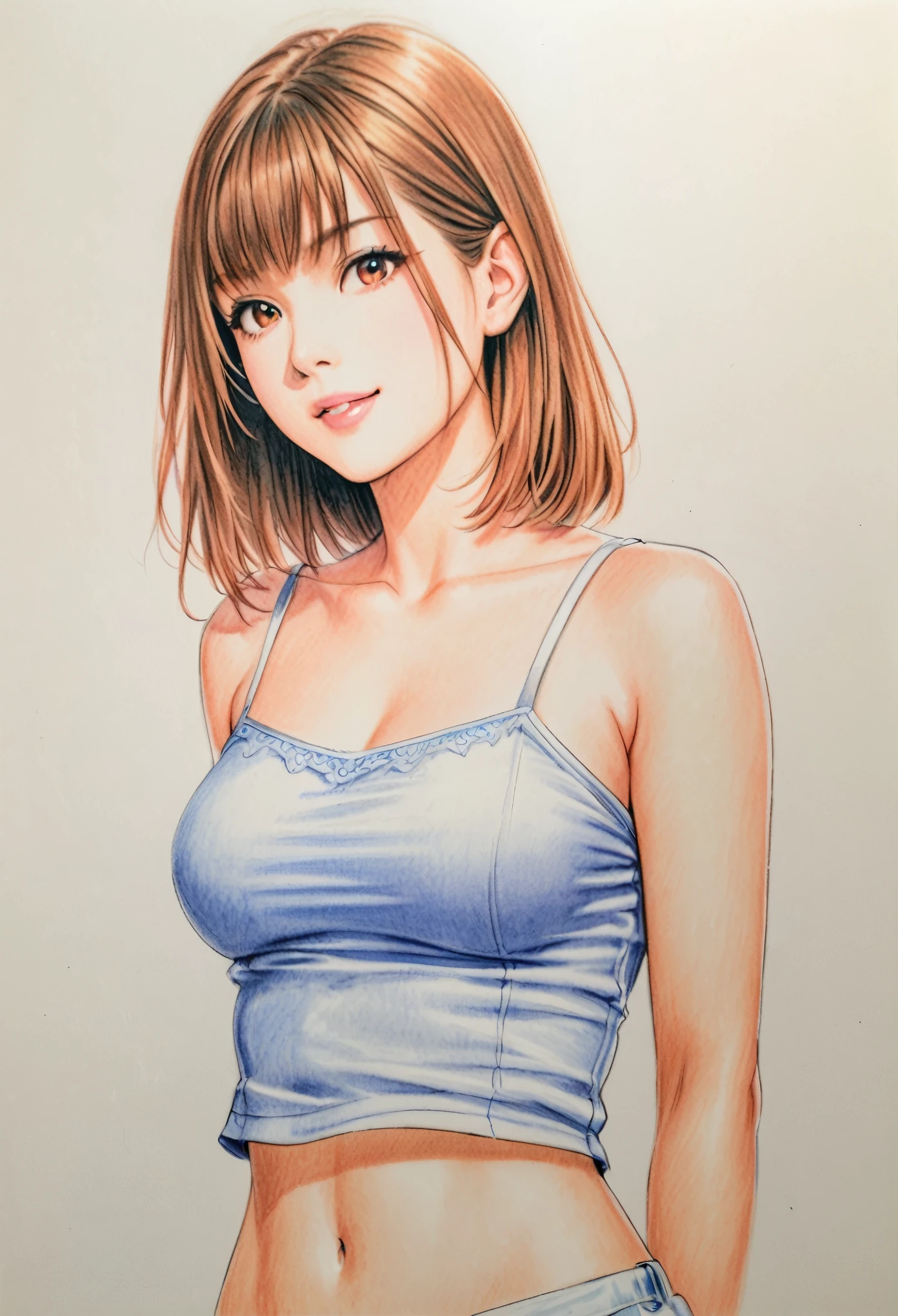  female，short camisole，white，Art，ad，colour pencil drawing，draft drawing 