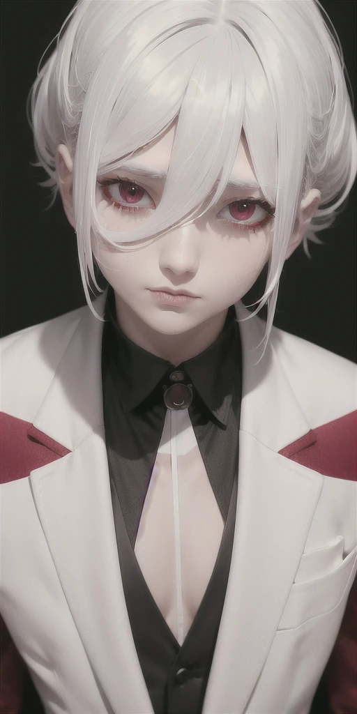 best quality, masterpiece,white hair,red strip on eyes,black suit, looking up, upper body,hair,Fair skin,