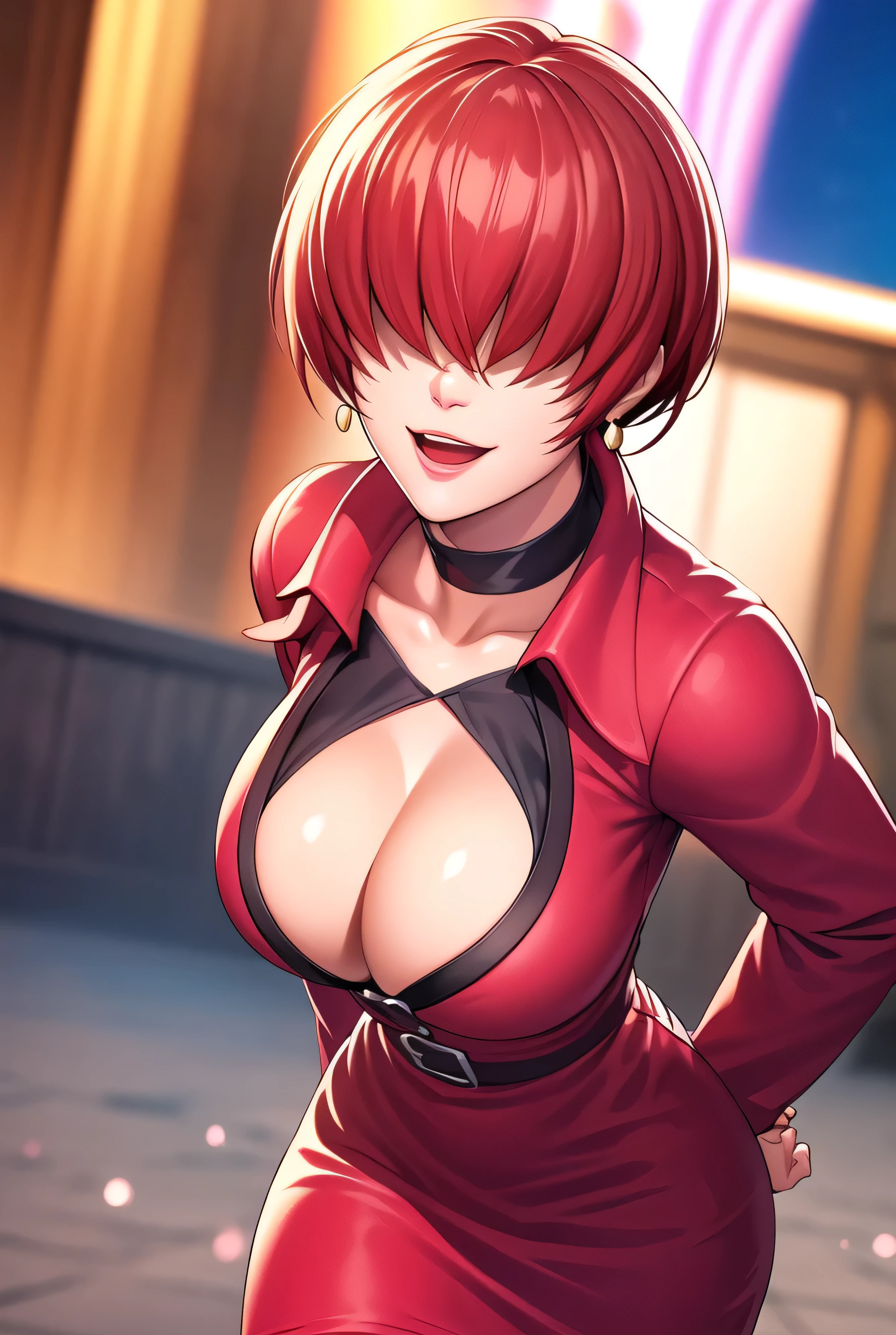 ,
Red outfit,Red jacket,choker, cleavage cutout, clothing cutout,
earrings,
Red hair,bangs,((hair over eyes)),
1 girl, 20yo,Young female,Beautiful Finger,Beautiful long legs,Beautiful body,Beautiful Nose,Beautiful character design, evil face,
looking down at viewer,(Focus on her face),open mouth,too evil_Smile,
official art,extremely detailed CG unity 8k wallpaper, perfect lighting,Colorful, Bright_Front_face_Lighting,shiny skin,
(masterpiece:1.0),(best_quality:1.0), ultra high res,4K,ultra-detailed,
photography, 8K, HDR, highres, absurdres:1.2, Kodak portra 400, film grain, blurry background, bokeh:1.2, lens flare, (vibrant_color:1.2),professional photograph,
(Beautiful,large_Breasts:1.4), (beautiful_face:1.5),(narrow_waist),conceit,smile worst,worst ridecule,evil moukery,hand on hip,upper body,two hand,