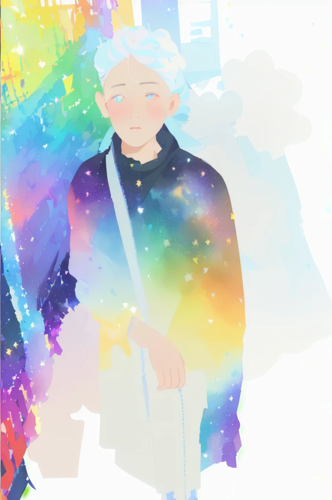 ((masterpiece)), (((best quality))), ((ultra-detailed)), ((illustration)),[realism light effect],shadow,(Fantasy style),(white background:1.6), simple background, (earth theme),(a cloak)[(hair focus,((1girl)),[(big slime hair): (cloud hair):0.3], (hair on background),(high saturation),(hair surrounded by galaxy splashes),)):((her hair is becoming galaxy clouds,:1.27628), (hair and clothes is galaxy clouds and cluster of stars:1.1025),(a cloak is becoming galaxy clouds)(colorful_galaxy_print_clusters_of_stars_print:1.35),((detailed starry sky with colorful galaxy and galaxy clouds):1.2)):0.35], (((masterpiece))),(((best quality))),((ultra-detailed)),(illustration),(dynamic angle),((floating)),(paint),((disheveled hair)),((beautiful detailed face)),collar,bare shoulders, ((colorful hair)),((streaked hair)),beautiful detailed eyes,(Gradient color eyes),(((colorful eyes))),(((colorful background))),(((high saturation))),(((surrounded by colorful splashes))),(((surrounded by colorful dot))),colorful bubble,((shining)),