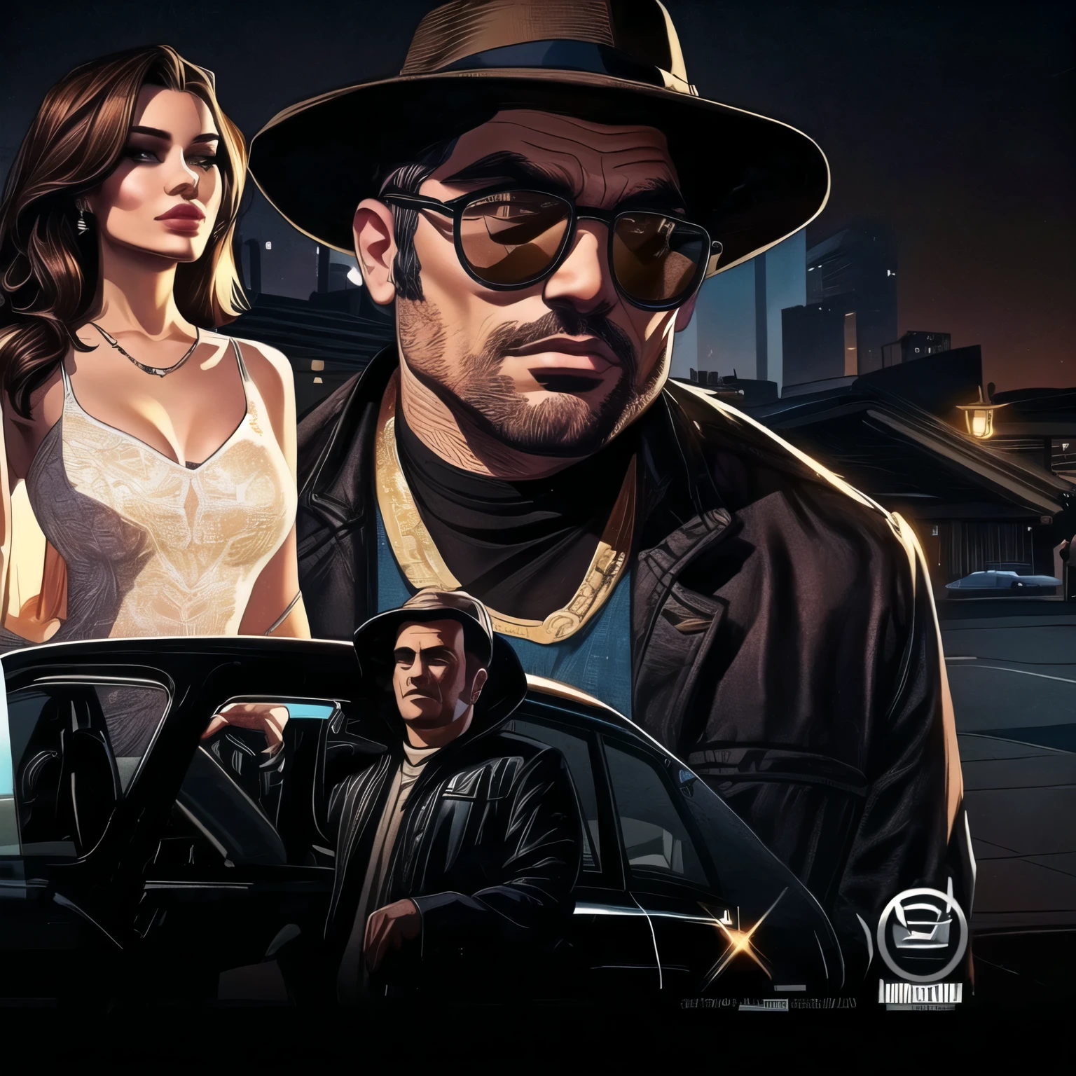 3 people of different sizes posing for a photo next to a classic car, Style GTA V, hyperrealistic