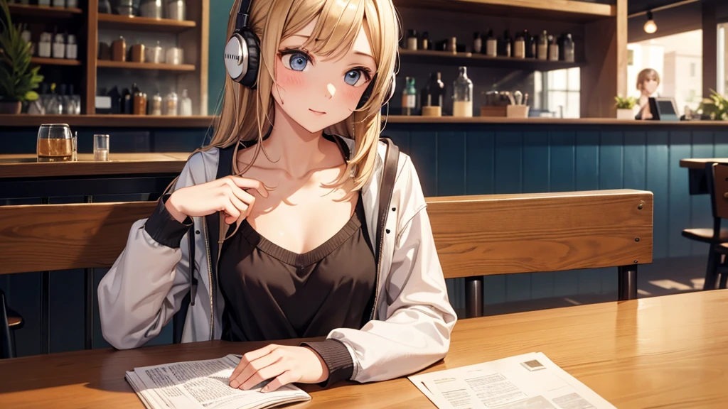 Girl with headphones enjoying music in a cafe　I am studying　Emphasize a little bit of the chest