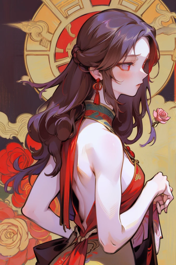 There is a woman's back in ancient China, back of the head, (only), (bare back tattoo), beautiful red eyes, detailed face, like a dream, red and gold flowers, Ukiyo style, artwork style Guwitz. , Guviz, Alphonse Mucha and Rose Drews, a beautiful artistic illustration, author: Li Song, author: heroes, author: Zou Zhe, by Zeng Jing, by Ye Xin, author: Shitao, author: Zhou Fang, Korean art nouveau anime, long loose hair, geisha clothes