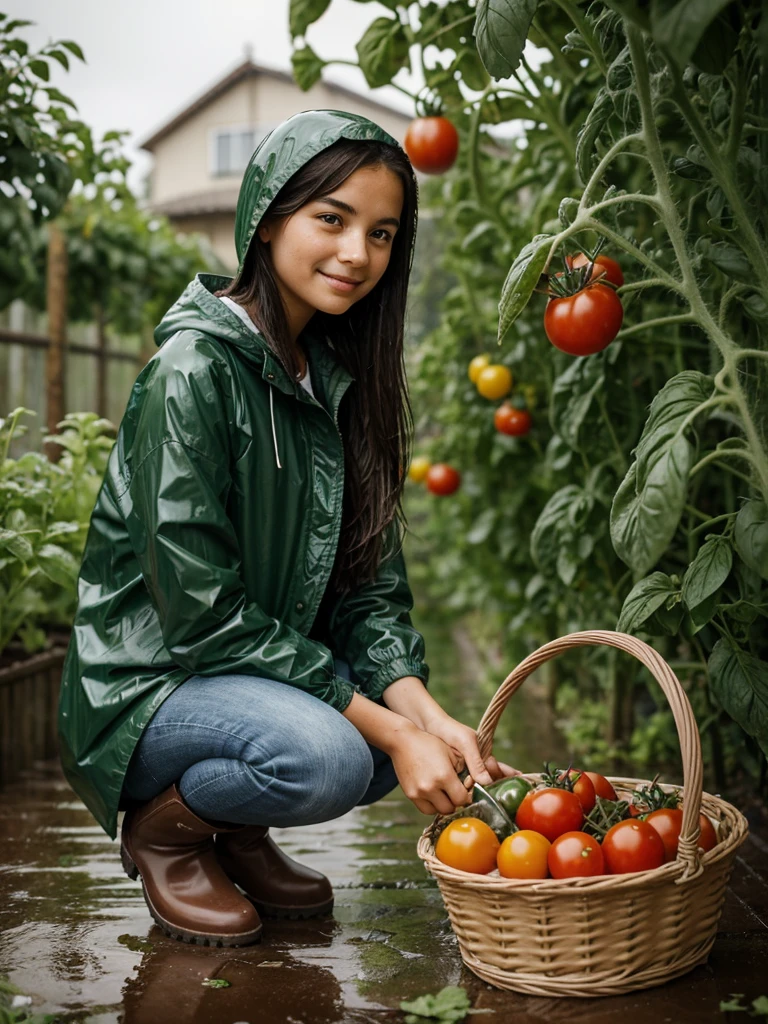 Italy, rainy day. Italian people. A highly realistic scene of a 12-year-old girl harvesting tomatoes in her garden under a gentle drizzle. The girl is dressed in a colorful raincoat over a pair of jeans and rubber boots. Her hair is wet and clings to her face and neck from the rain. She kneels near a row of tomato plants, carefully picking ripe tomatoes and placing them in a wicker basket by her side. The raincoat, damp and slightly glossy, reflects the light from the overcast sky. Around her, the garden is lush and vibrant, with droplets of rain on the leaves and vegetables. The soil is dark and slightly muddy, adding to the sense of a fresh, rainy day. The background shows a simple wooden fence and some garden tools leaning against it, with soft rain creating a serene and earthy atmosphere. The scene captures the girl's focused and content expression as she enjoys the simple, rewarding task of gathering fresh produce in her home garden despite the rain