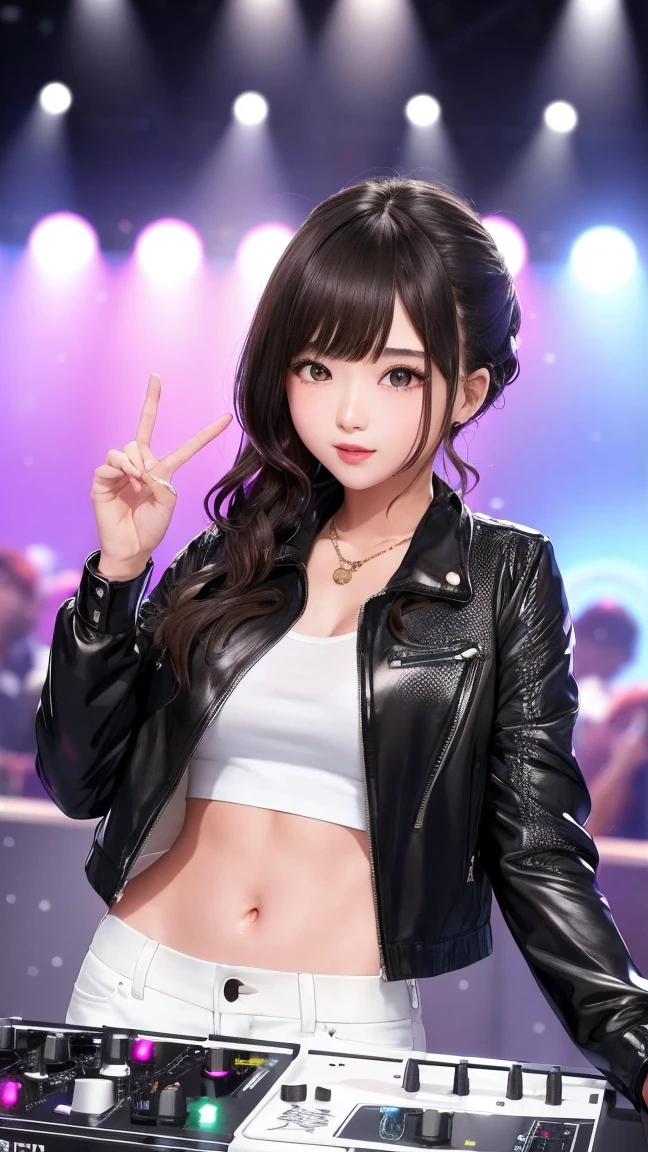 girl front of dj concert , sparkle black jacket , white shirt, white pants, cute body ,medium breast , enhance nose.
