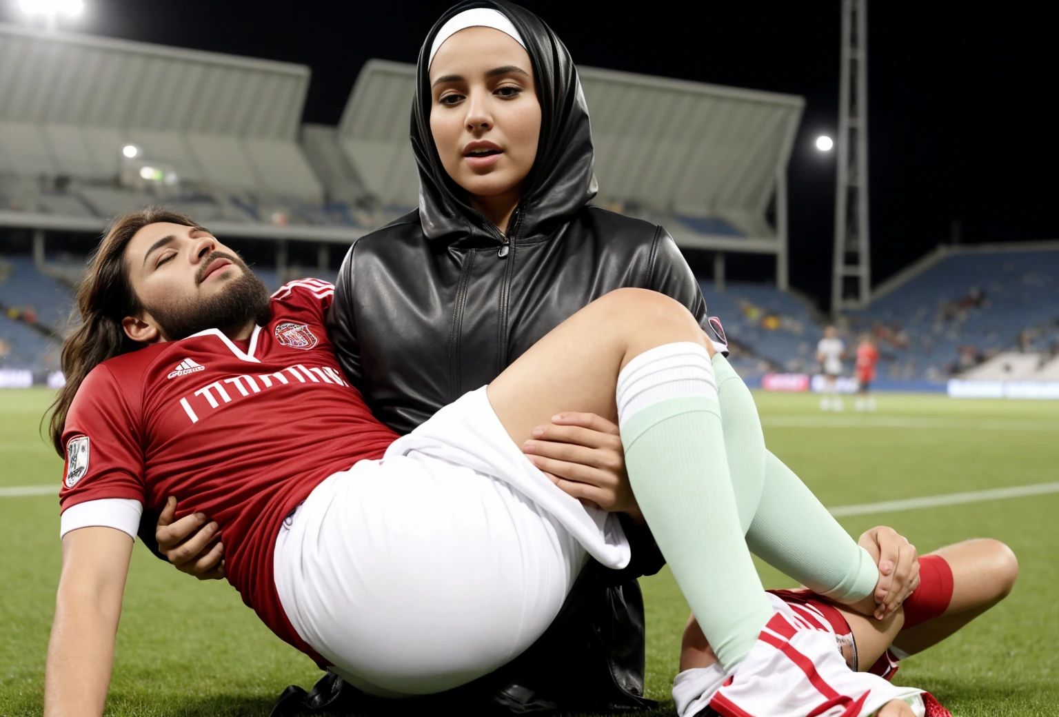 a passed out bearded man, a fainted bearded man, a consciousless bearded man, a muslim woman and a bearded man, muslima carries the wounded man's body in her hands, muslima grabs his legs and his body with her hands, the bearded man in muslima's arms is visibly in pain, stadium atmosphere, the bearded man is lying consciousless in Andrea's arms with one arm hanging down, A scene at a soccer stadium, a bearded man lying in a caring women's arms, lying helpless in her arms with his head dangling down, he has one arm dangling down while being carried in the women's arms, There is an attractive and heavily made-up woman in a long black leather coat, A pretty woman in a shiny black leather coat on a soccer field, A wonderful woman is holding a passed out man, A man in matt and roughened sportswear is held diagonal in her arms, a man in a woman's arms and lets one arm dangling down, we see the man held in front of the woman's body, the man is cradled in the woman's arm while being carried, the beautiful woman is exceptionally heavily made up and has an extremely desperate and very angry expression on her face, high-resolution photo, realistic sports photo, soccer scene, woman in black shiny long leather coat, injury scene, real photo, ultra realistic, high definition, sports photography