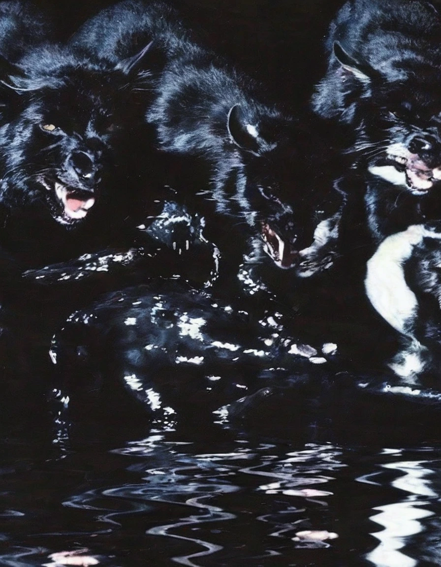 many black cats flying in black water,