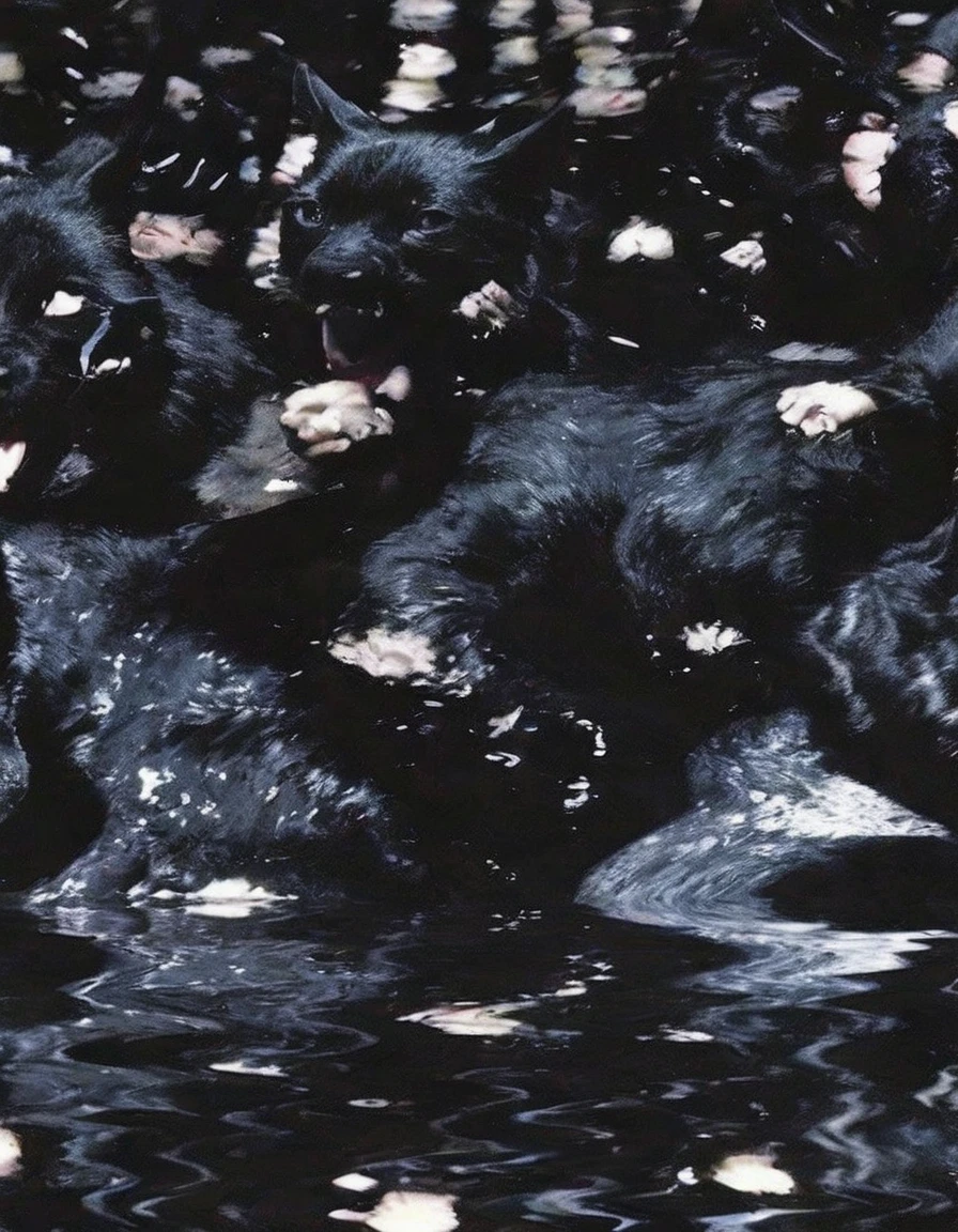 many black cats flying in black water,