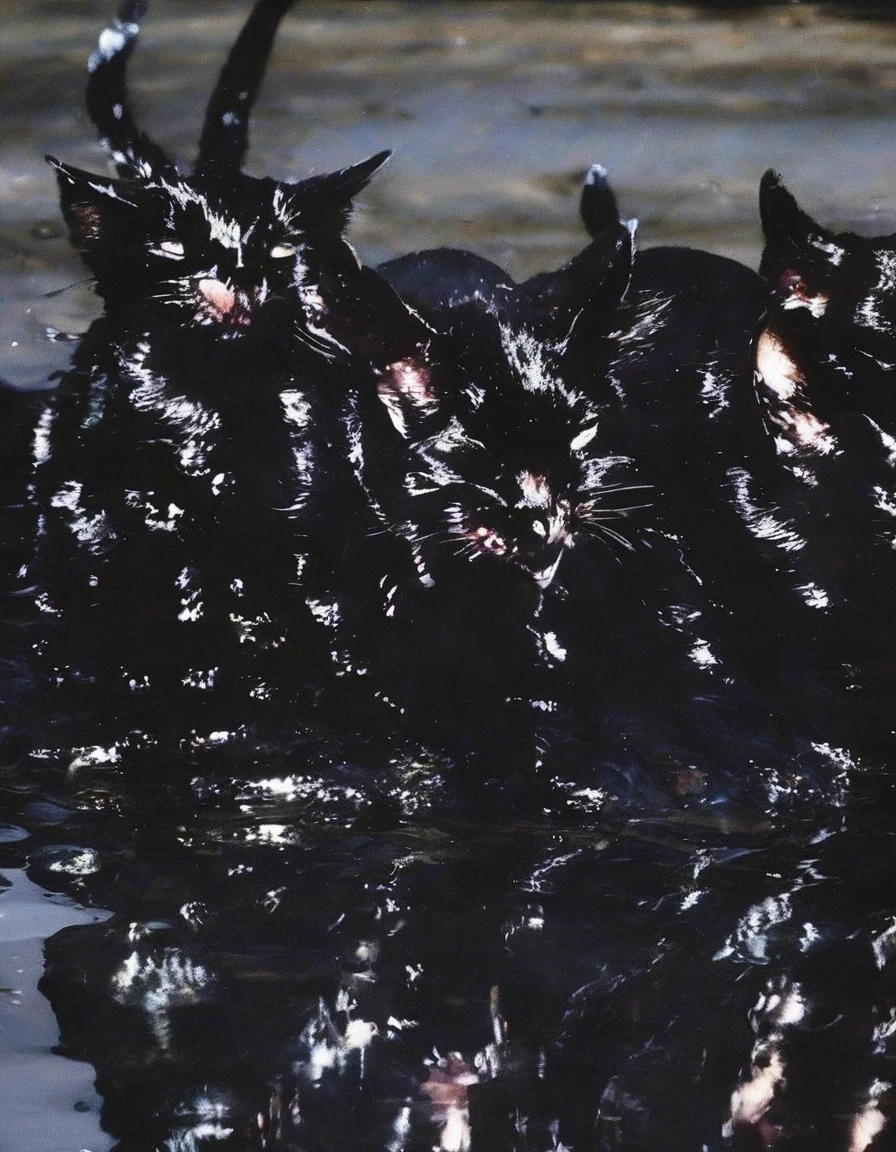 many black cats flying in black water,