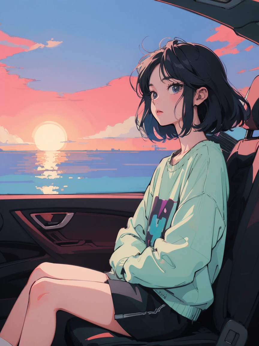 anime girl sitting on floor looking out window at city, anime aesthetic, anime vibes, Lofi Artstyle, Lo-fi portrait by the window, Sunsetを眺める. anime, Lofty Girl, anime art wallpaper 4 k, anime art wallpaper 4k, anime art wallpaper 8 k, anime background art, Lofi Color, Lofi Art, anime asthetic,masterpiece, Highest quality, Rainbow Style, anime, Beautiful Asian Girl, Sitting in a car, Along the Hawaiian Coast, Cute and dreamy,anime,Illustrator,LOFI Girl, Blues,landscape,Sunset