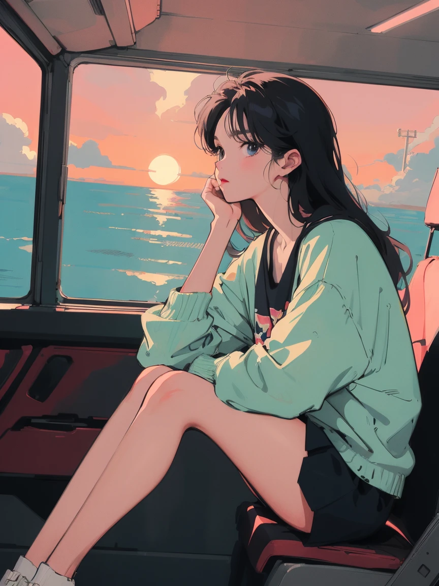 anime girl sitting on floor looking out window at city, anime aesthetic, anime vibes, Lofi Artstyle, Lo-fi portrait by the window, Sunsetを眺める. anime, Lofty Girl, anime art wallpaper 4 k, anime art wallpaper 4k, anime art wallpaper 8 k, anime background art, Lofi Color, Lofi Art, anime asthetic,masterpiece, Highest quality, Rainbow Style, anime, Beautiful Asian Girl, Sitting in a car, Along the Hawaiian Coast, Cute and dreamy,anime,Illustrator,LOFI Girl, Blues,landscape,Sunset