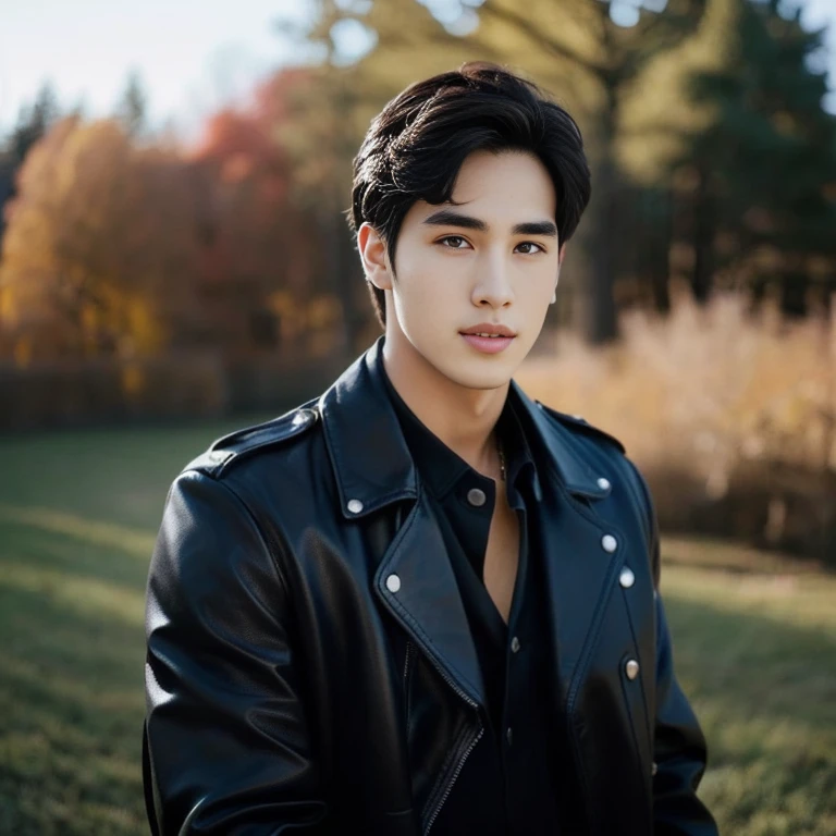 An Araf man with a round face and short hair., Wear a leather jacketและผูกเน็คไทสีแดงยืนอยู่บนถนน, Silky black hair, Wear a leather jacket, leather clothing, headshot รูปโปรไฟล์ture, leather clothes, Handsome and charming, Wear a leather jacket, man wearing a black jacket, Wear a leather jacket, handsome man, smooth hair, handsome man, Nadech, 3-D profile picture, 8K, 45,000,000,000 pixcls, realistic light colors,