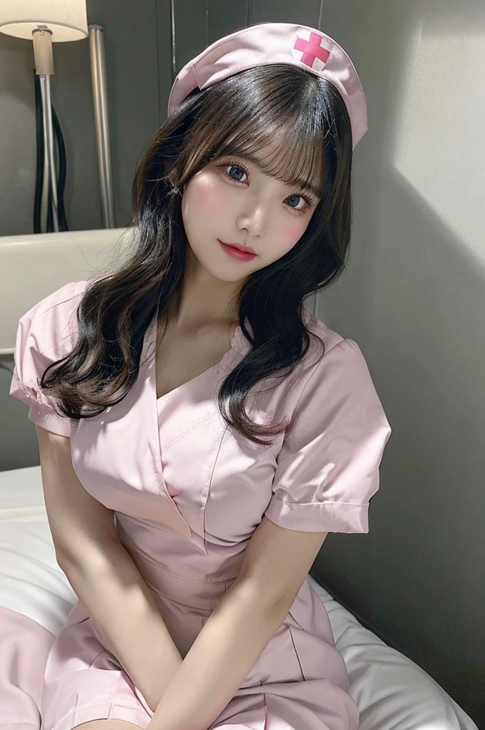 Browsing Caution、Big Tits 、(((pink nurse uniform))、whole body、double eyelid、valley、Hospital room、White garter belt、On the bed、(Split seat)、Highest quality, Very detailed, Fine details, High resolution, 8K, Perfect dynamic composition, Beautiful details, Beautiful 20 year old woman、The only person,Black Hair、Glamorous Body、Cute face、