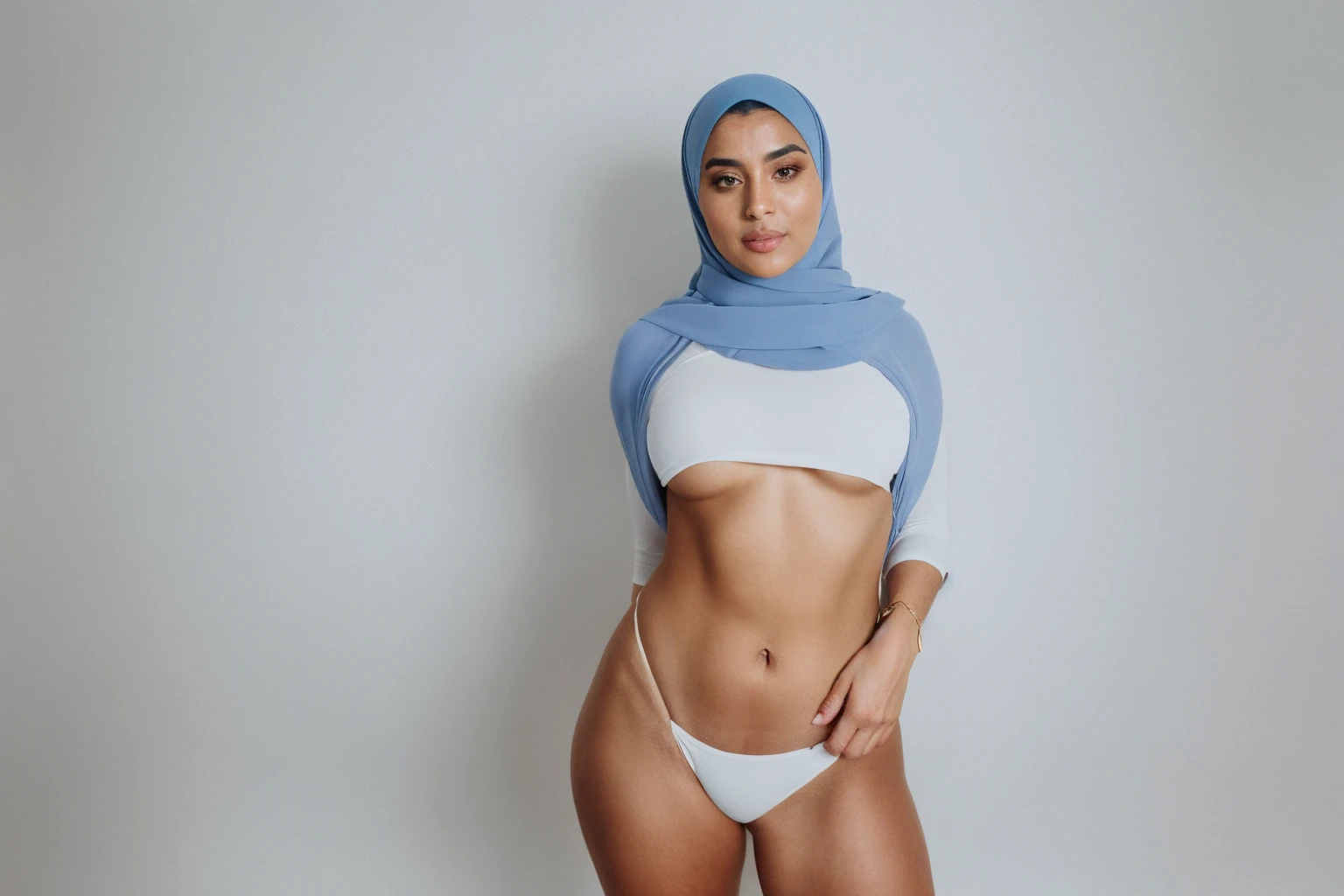 RAW photo,candid photograph, full body,photo of a beautiful,influencer,30yo Arab woman,hijab detailed skin,naked, looking at viewer, thick body structure,white background,no background, candid pose,blue light, film grain, kodak color, instagram LUT