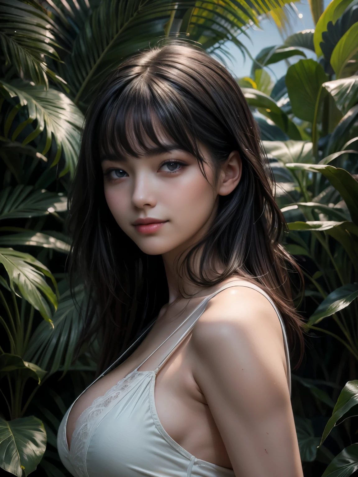 (ultra realistic) , (illustration), (increase resolution), (8K), (extremely detailed), (best illustration), (beautiful detailed eyes), (best quality), (ultra-detailed), (masterpiece), (wallpaper), (detailed face), 1 girl, black straight hair, plump breasts, slender body, delicate details, in the dark, deep shadow, low key, pureerosfaceace_v1, happy smile, summer dress, jungle