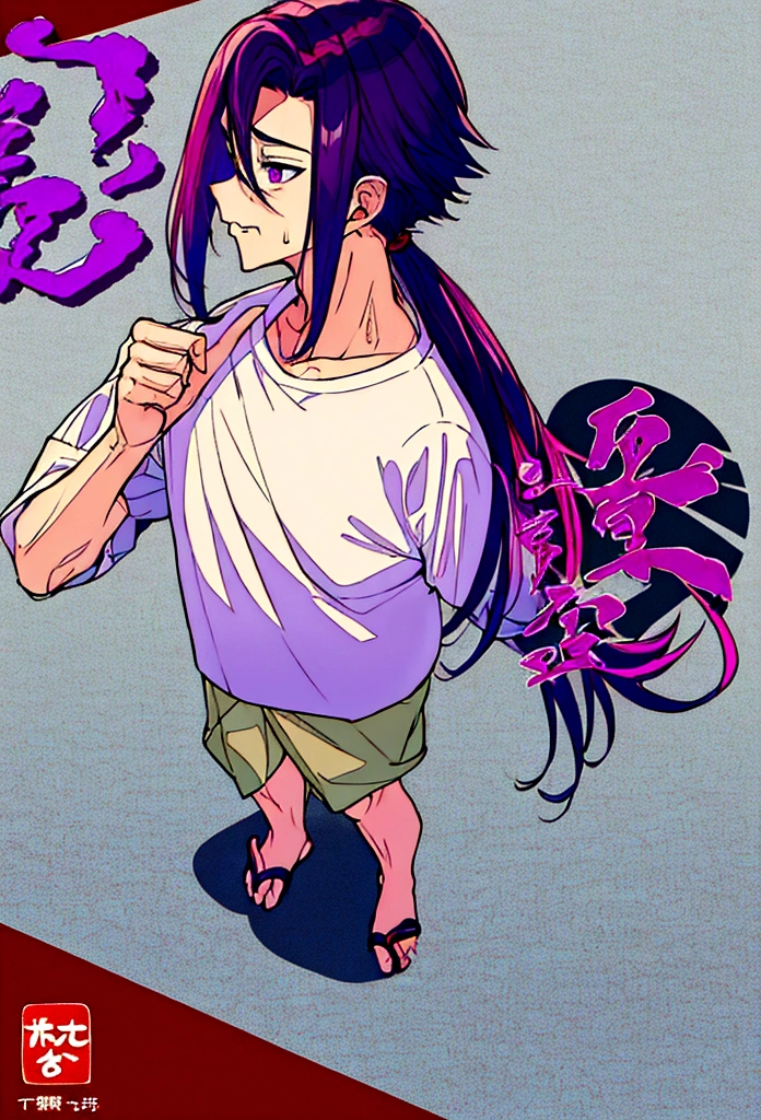 Boy with very long and intense violet hair, flushed with anger, shy, nervous, pointing forward, white t-shirt, slightly seen from above, full body, Japanese writing background, Japanese cover tags, Japanese lettering, professional manga cover, manga cover