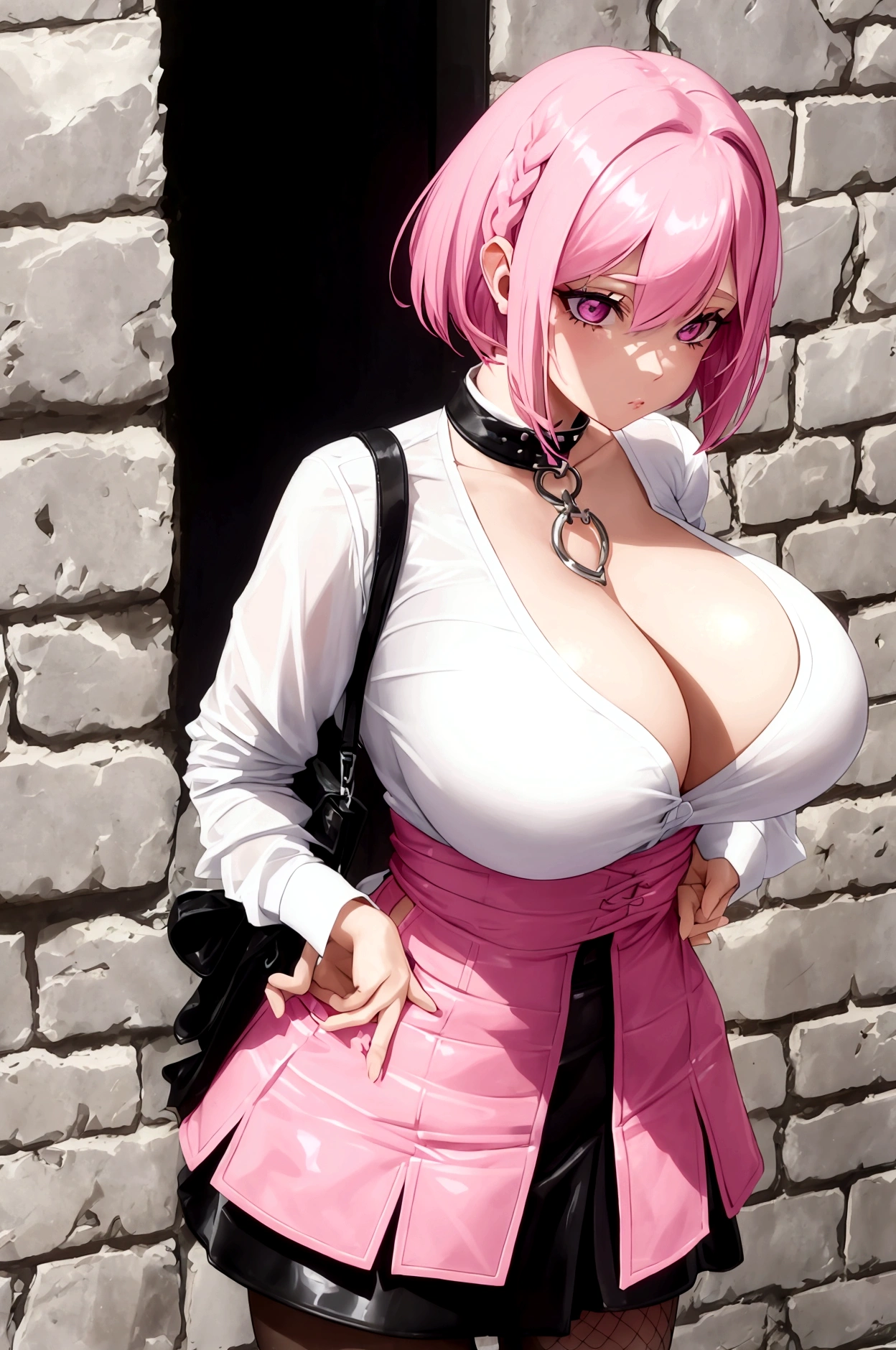 A gorgeous woman with pink hair in a bob cut with braids. She has pink panther-like ears and a spotted pink panther-like tail. She's wearing a tight fitting and low-cut white shirt that reveals her massive cleavage. She's wearing a very short black leather skirt and black fishnets. She's leaning against a grey stone wall with a non-chalant look about her. She exudes sensuality with a hint of rebellious energy.