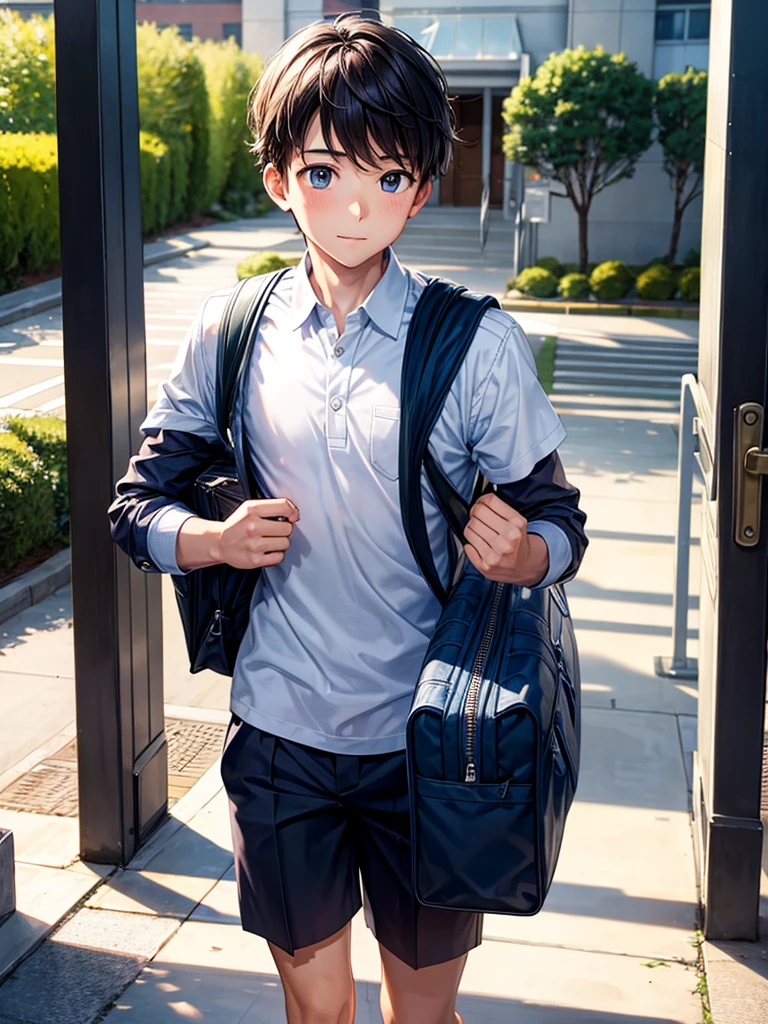 Highest quality,Highest Resolution,A boy carrying a school bag entering the gates of an elementary school,