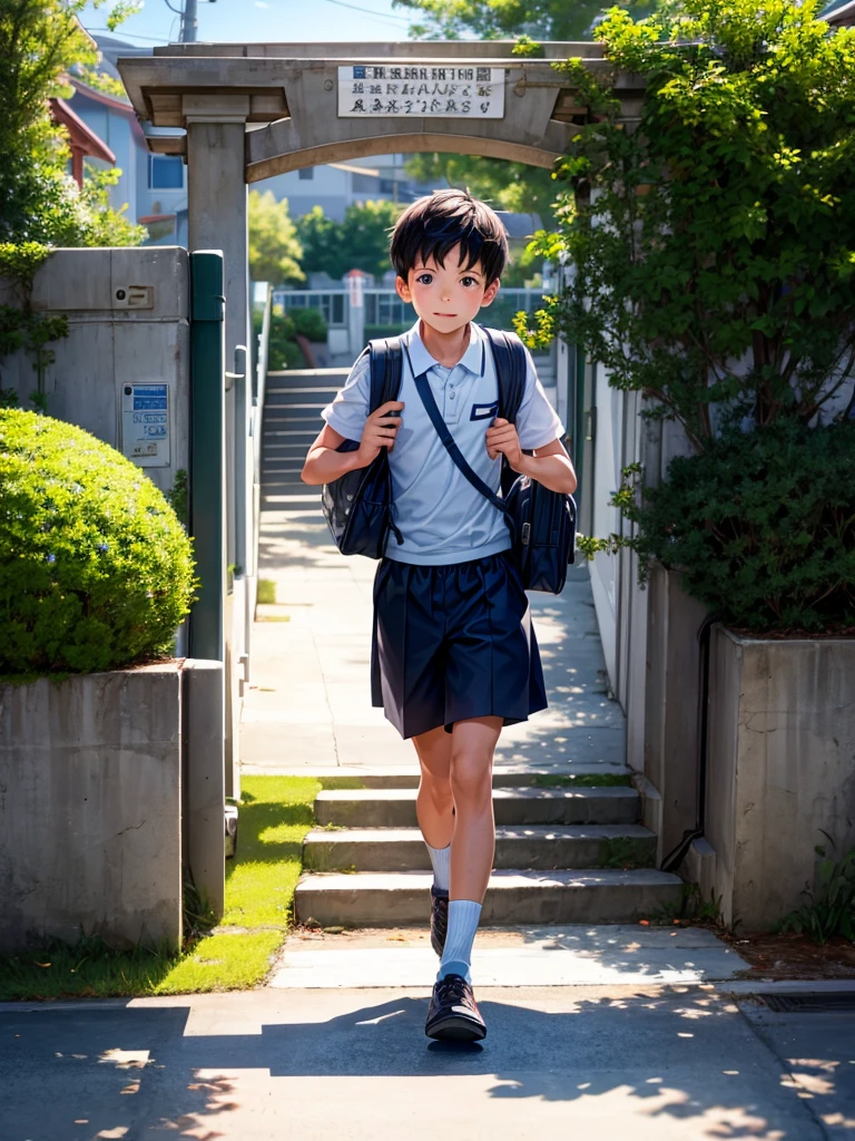 Highest quality,Highest Resolution,A boy carrying a school bag entering the gates of an school,