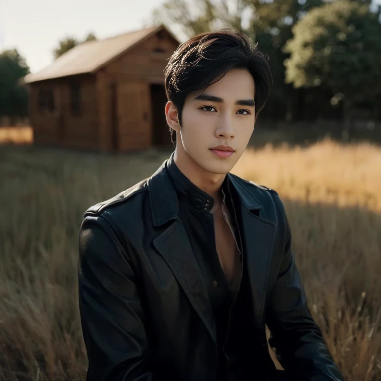 An Araf man with a round face and short hair., Wear a leather jacketและผูกเน็คไทสีแดงยืนอยู่บนถนน, Silky black hair, Wear a leather jacket, leather clothing, headshot รูปโปรไฟล์ture, leather clothes, Handsome and charming, Wear a leather jacket, man wearing a black jacket, Wear a leather jacket, handsome man, smooth hair, handsome man, Nadech, 3-D profile picture, 8K, 45,000,000,000 pixcls, realistic light colors,