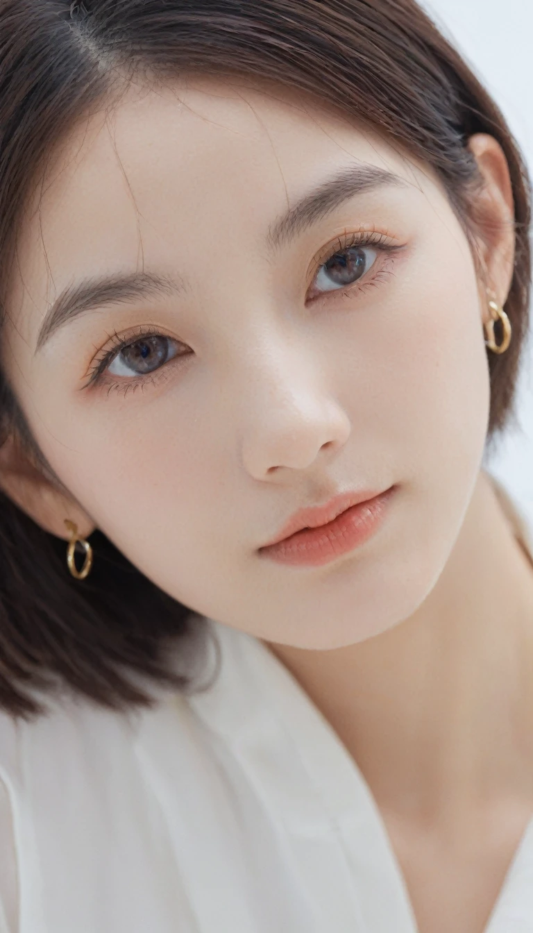 xxmixgirl, Analog Style, Eye focus, Highest quality, (Very detailed skin), Exquisitely beautiful white skin photos, 21 years old, Perfect Face, Captivating eyes, (Seductive makeup: 1.3), Skin pores, (Bokeh:1.5), Sharp focus, Dappled Lighting, (Backlight), Film Grain, (Very detailed, Exquisitely crafted), 8K, High resolution, Front view, Studio Light, Very detailed顔, Fine grain, (double eyelid: 1.4), Aristogle, Brown eyes, (commercial: 1.6), (Natural Makeup), ((White studio background: 2))、Summery white fashion