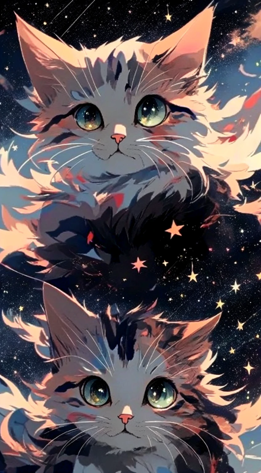 Anime art wallpaper, background starry sky, cat head appearance, 4K clarity. Draw realistic and cute anime cats in detail, digital art style. 8K high-definition digital animation wallpaper, ultra-high detail value, small and cute, showing the most exquisite digital animation art.
