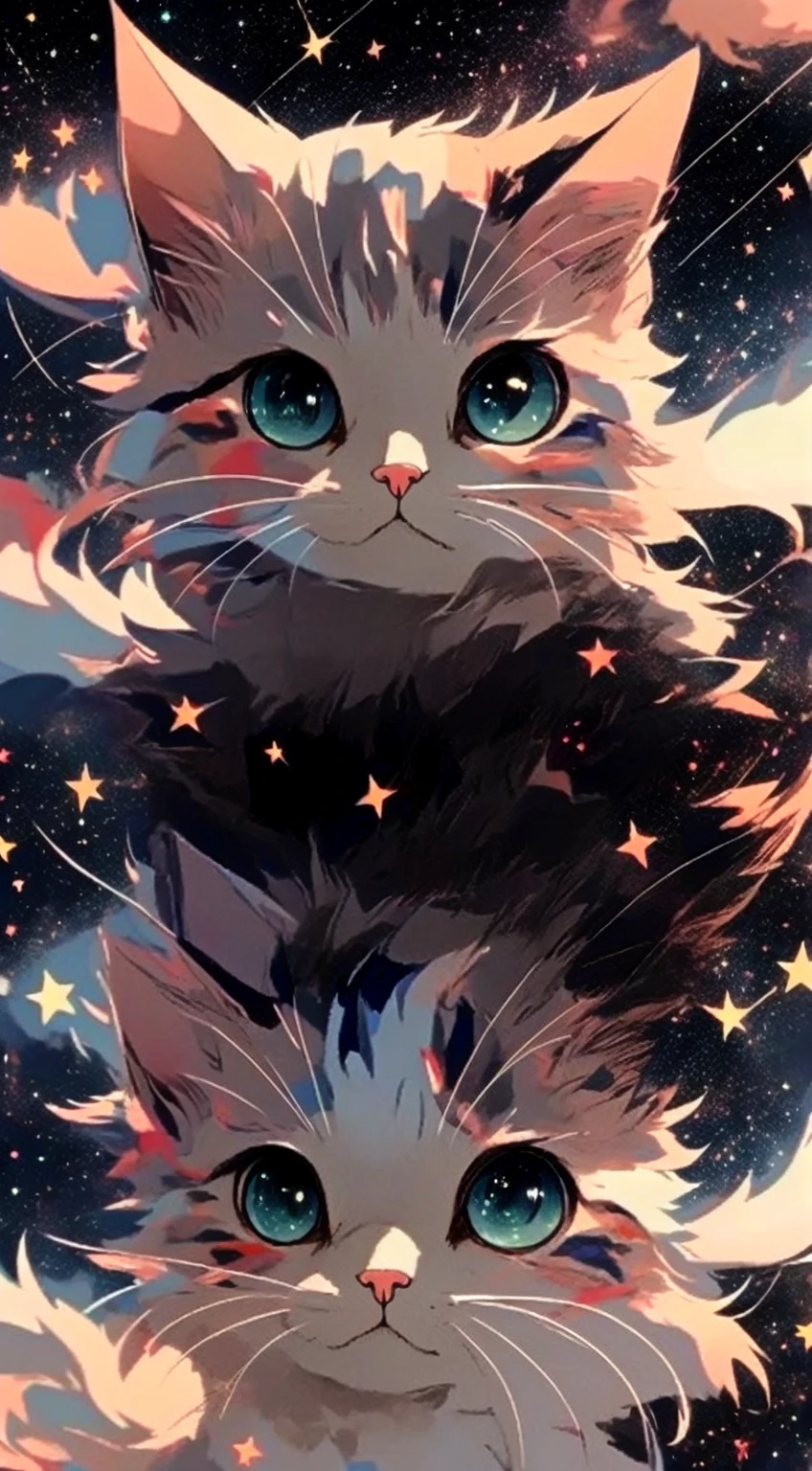 Anime art wallpaper, background starry sky, cat head appearance, 4K clarity. Draw realistic and cute anime cats in detail, digital art style. 8K high-definition digital animation wallpaper, ultra-high detail value, small and cute, showing the most exquisite digital animation art.