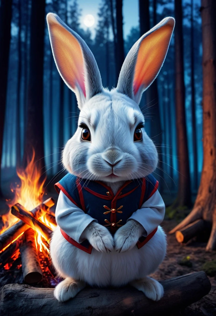 Highest quality Fantasy rabbit Staring at a bonfire The background is a night forest