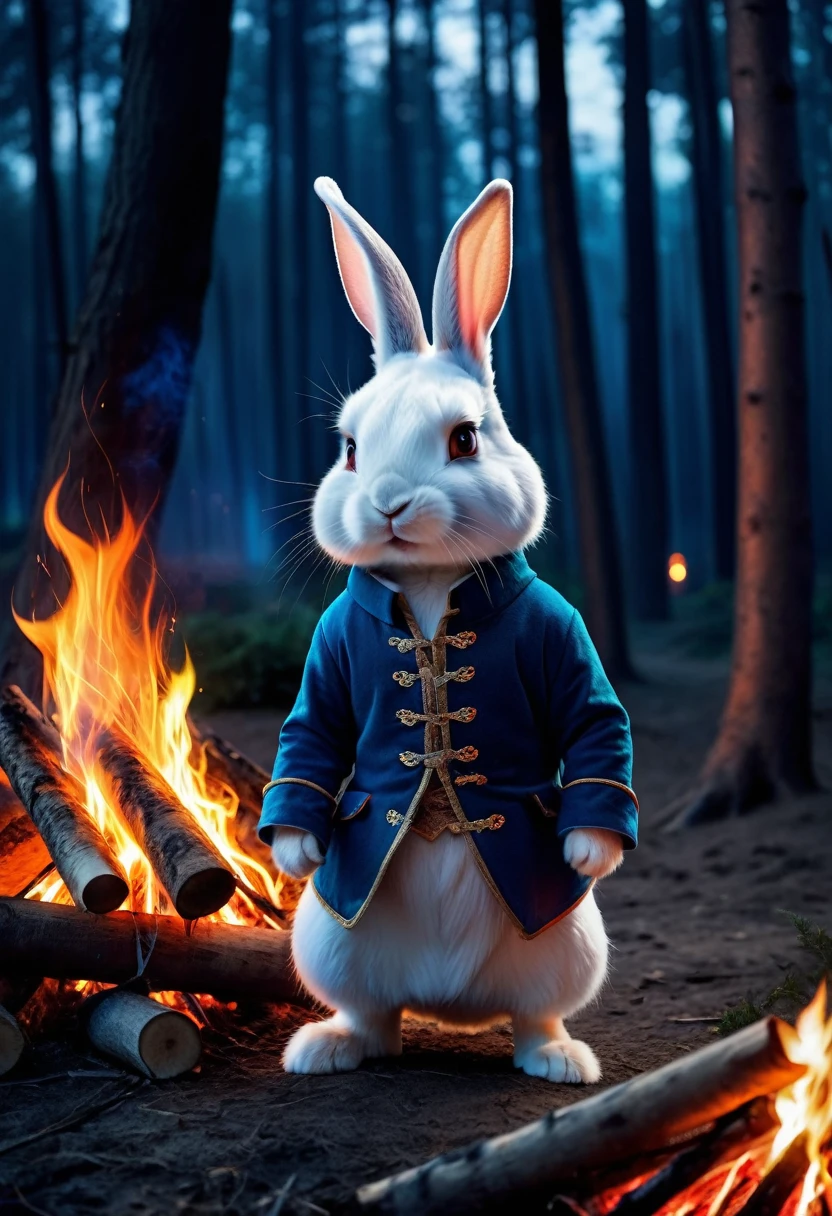 Highest quality Fantasy rabbit Staring at a bonfire The background is a night forest