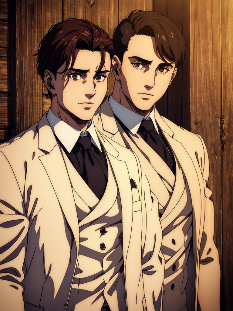 best quality,4k,8k,highres,masterpiece:1.2),ultra-detailed,(realistic,photorealistic,photo-realistic:1.37), a young man with wide shoulders, mappa art style, heart-shaped face with sharp jawline, brown almond-shaped eyes with positive canthal tilt , dark brown hair color, his hair is short unique well styled , he looks handsome, he is fair, he has well built body, he is wearing cream colour wedding three piece suit, he is slightly smiling, vibrant color, behind him a cabin