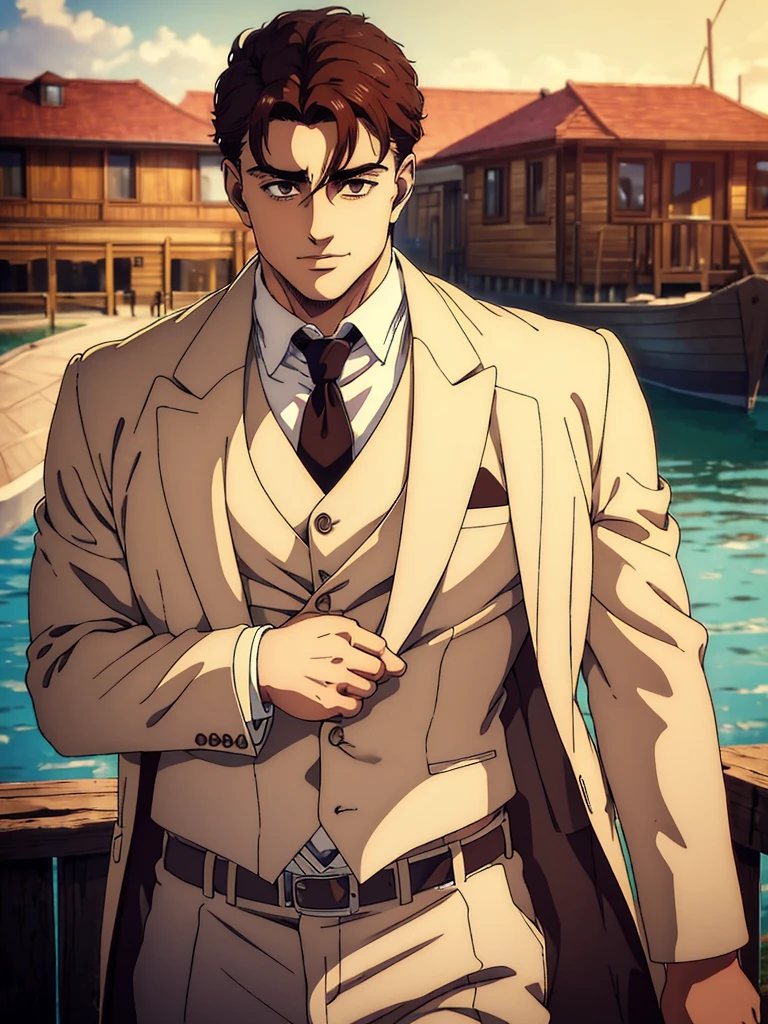 best quality,4k,8k,highres,masterpiece:1.2),ultra-detailed,(realistic,photorealistic,photo-realistic:1.37), a young man with wide shoulders, mappa art style, heart-shaped face with sharp jawline, brown almond-shaped eyes with positive canthal tilt , dark brown hair color, his hair is short unique well styled , he looks handsome, he is fair, he has well built body, he is wearing cream colour wedding three piece suit, he is slightly smiling, vibrant color, behind him a cabin