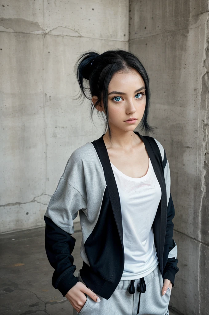1girl, solo, masterpiece, best_quality, photoshoot, looking at camera, young adult gardevoir, tired expression, pokemon, pokemon (game), game freak, nintendo, (porcelain skin), blue eyes, (black hair), (messy hair in ponytail), black cardigan, baggy tshirt, black sweatpants, gen 3 pokemon, pokemon (creature), white skin, concrete background, leaning