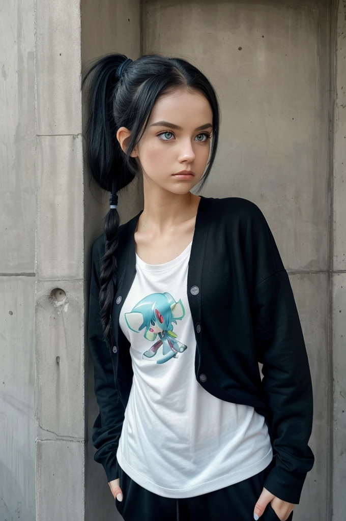 1girl, solo, masterpiece, best_quality, photoshoot, looking at camera, young adult gardevoir, tired expression, pokemon, pokemon (game), game freak, nintendo, (porcelain skin), blue eyes, (black hair), (messy hair in ponytail), black cardigan, baggy tshirt, black sweatpants, gen 3 pokemon, pokemon (creature), white skin, concrete background, leaning