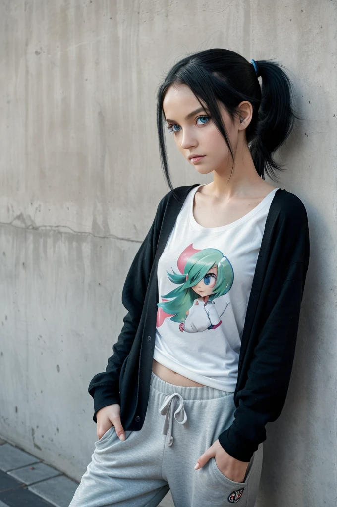 1girl, solo, masterpiece, best_quality, photoshoot, looking at camera, young adult gardevoir, tired expression, pokemon, pokemon (game), game freak, nintendo, (porcelain skin), blue eyes, (black hair), (messy hair in ponytail), black cardigan, baggy tshirt, black sweatpants, gen 3 pokemon, pokemon (creature), white skin, concrete background, leaning 