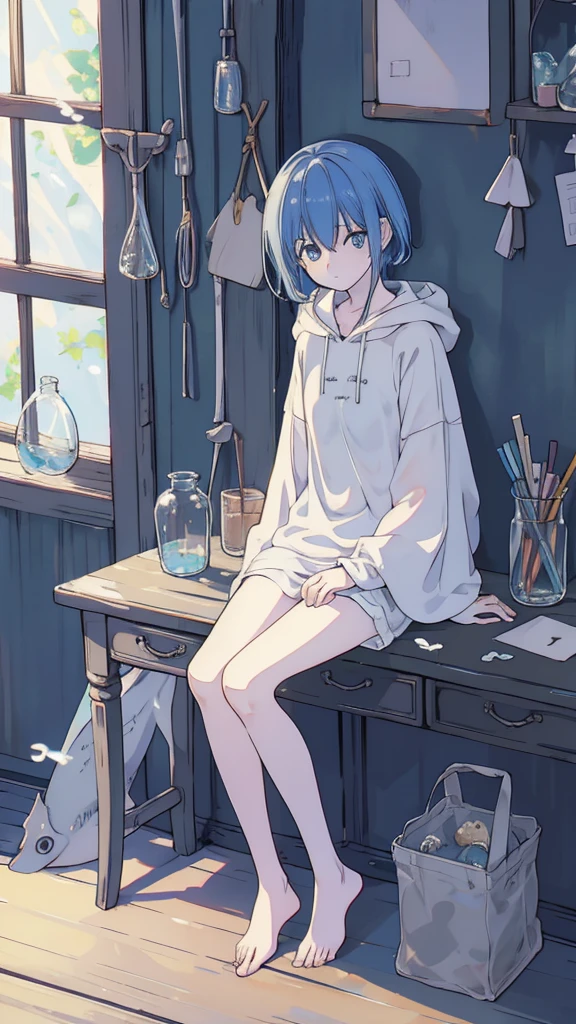 jars, a Libido boy, solo, ((The upper part of the body)), Libido boy, Alone, malefocus, looking at viewert, The upper part of the body, depth of fields, Clear lines, , Himmel_Soso_The No_Frilen, Blue hair, eBlue eyes, in jars, cute big breasts、smallest, small, A piece of, longer sleeves, sitted, The barefoot, Indoors, bare-legged, desks, knees, desk work, (The fish, airbubble, Under water, airbubble),
