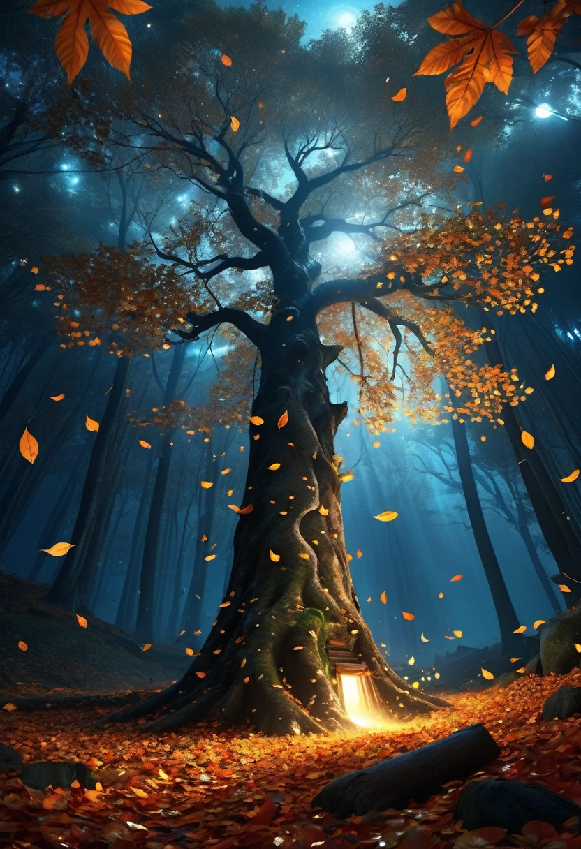 Highest quality　Fantasy　Shining Tree　Falling leaves　Night Forest　