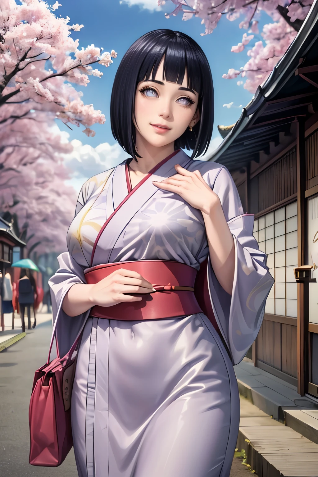 (best quality,4k,8k,highres,masterpiece:1.2),ultr
a-detailed,realistic,photorealistic:1.37,detailed
eyes,beautiful detailed lips, pale, hinata hyuga from Naruto wearing beautiful kimino, perfect figure, attractive rounded breasts, smiling, puffy lips, posing in cloudy weather, in front of japanese temple, people in the background, outdoor ,clouds, cherry blossom trees, green trees, sakura falling, posing with a bag, short hair, realistic hands, realistic hair, realistic nose, realistic lips, improve fingers, dark cloudy weather with no sunlight, wearing kimono, japanese traditional dress, crowded area, rainy clouds , purple patterned kimino, people going temple