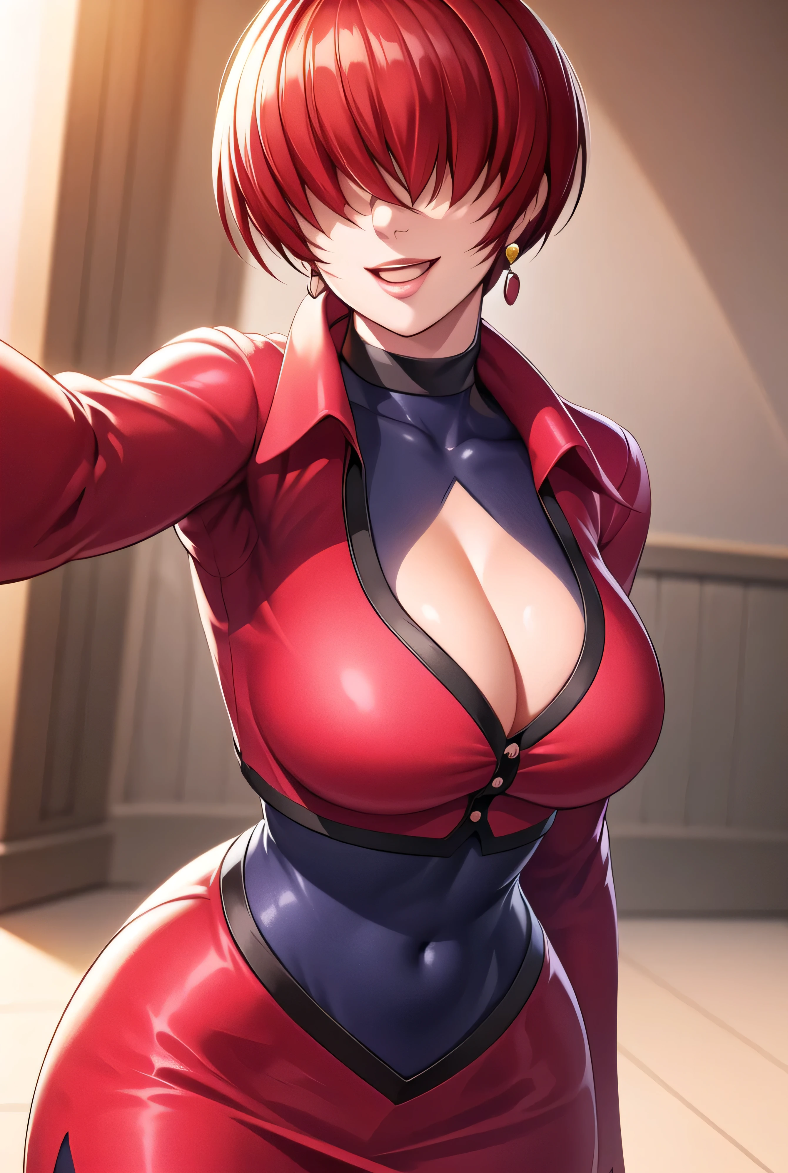 ,
Red outfit,Red jacket,choker, cleavage cutout, clothing cutout, 
earrings,
Red hair,bangs,((hair over eyes)),
1 girl, 20yo,Young female,Beautiful Finger,Beautiful long legs,Beautiful body,Beautiful Nose,Beautiful character design, evil face,
looking down at viewer,(Focus on her face),open mouth,too evil_Smile,
official art,extremely detailed CG unity 8k wallpaper, perfect lighting,Colorful, Bright_Front_face_Lighting,shiny skin,
(masterpiece:1.0),(best_quality:1.0), ultra high res,4K,ultra-detailed,
photography, 8K, HDR, highres, absurdres:1.2, Kodak portra 400, film grain, blurry background, bokeh:1.2, lens flare, (vibrant_color:1.2),professional photograph,
(Beautiful,large_Breasts:1.4), (beautiful_face:1.5),(narrow_waist),conceit,smile worst,worst ridecule,evil moukery,hand on hip,upper body,two hand,